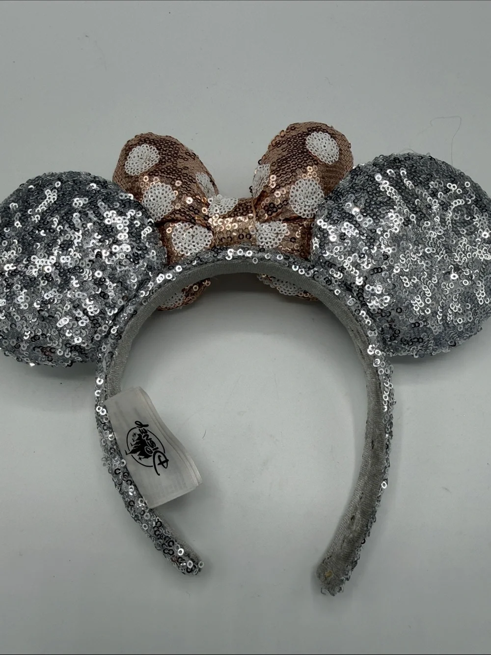 Disney Silver Sequin Mouse Ear Headband with Rose Gold Polka Dot Bow